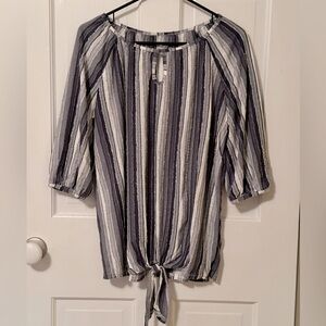 Shades of denim blue, raw edge, three-quarter sleeve, tie front blouse - size XL